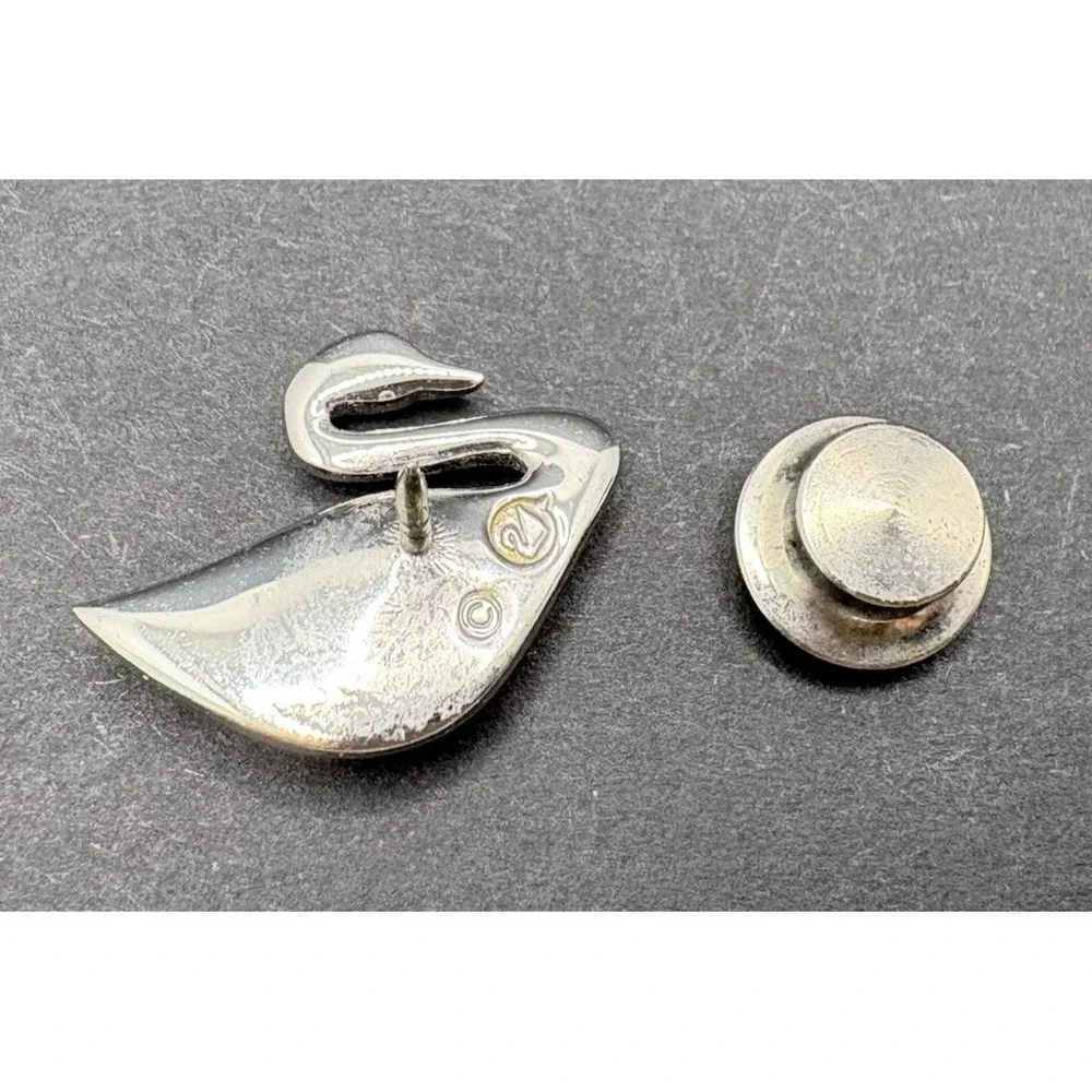 Vintage Swarovski Swan Tie Tack Blue Clear Crystals Silver Tone Swan‎ Signed